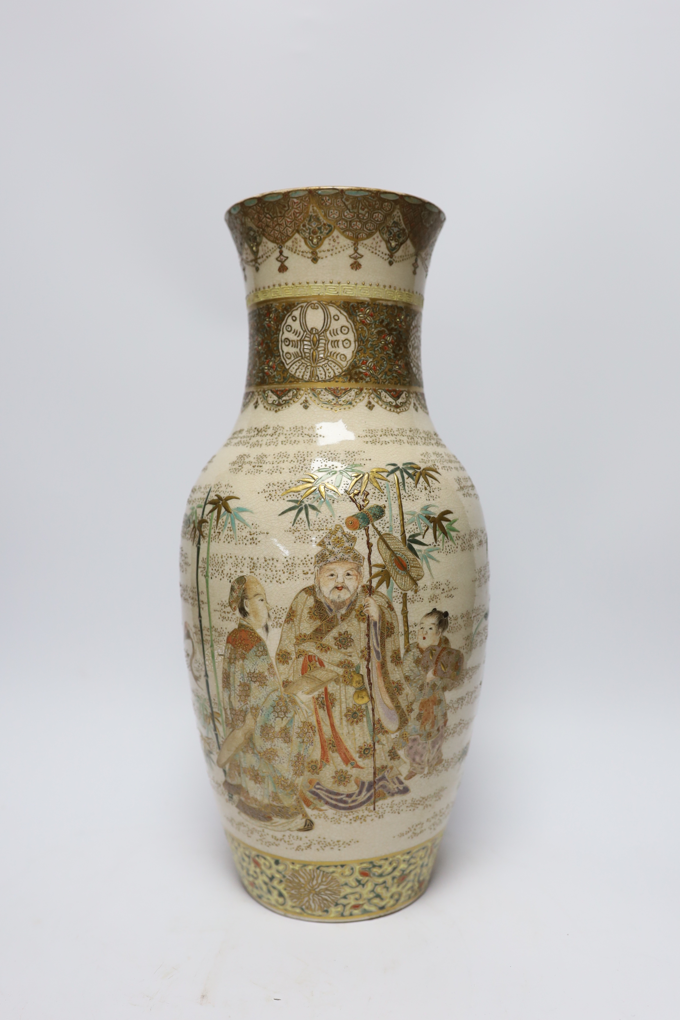 A 19th century Satsuma vase, two ochre pottery vases and a fish designed bowl, (purported to come from Lilly Langtry’s estate), Satsuma vase 36cm high